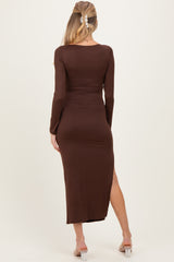 Brown Boat Neck Fitted Long Sleeve Side Slit Maternity Maxi