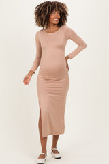 Beige Boat Neck Fitted Long Sleeve Side Slit Maternity Maxi