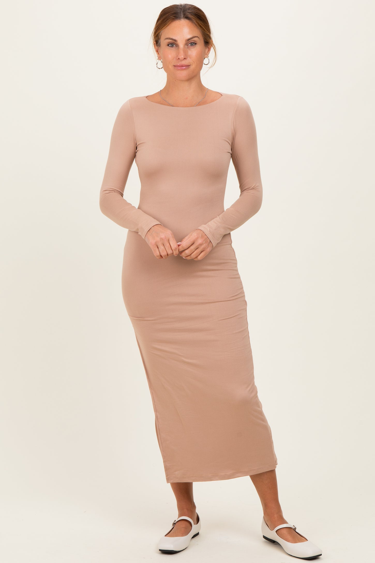 Beige Boat Neck Fitted Long Sleeve Side Slit Maxi – PinkBlush