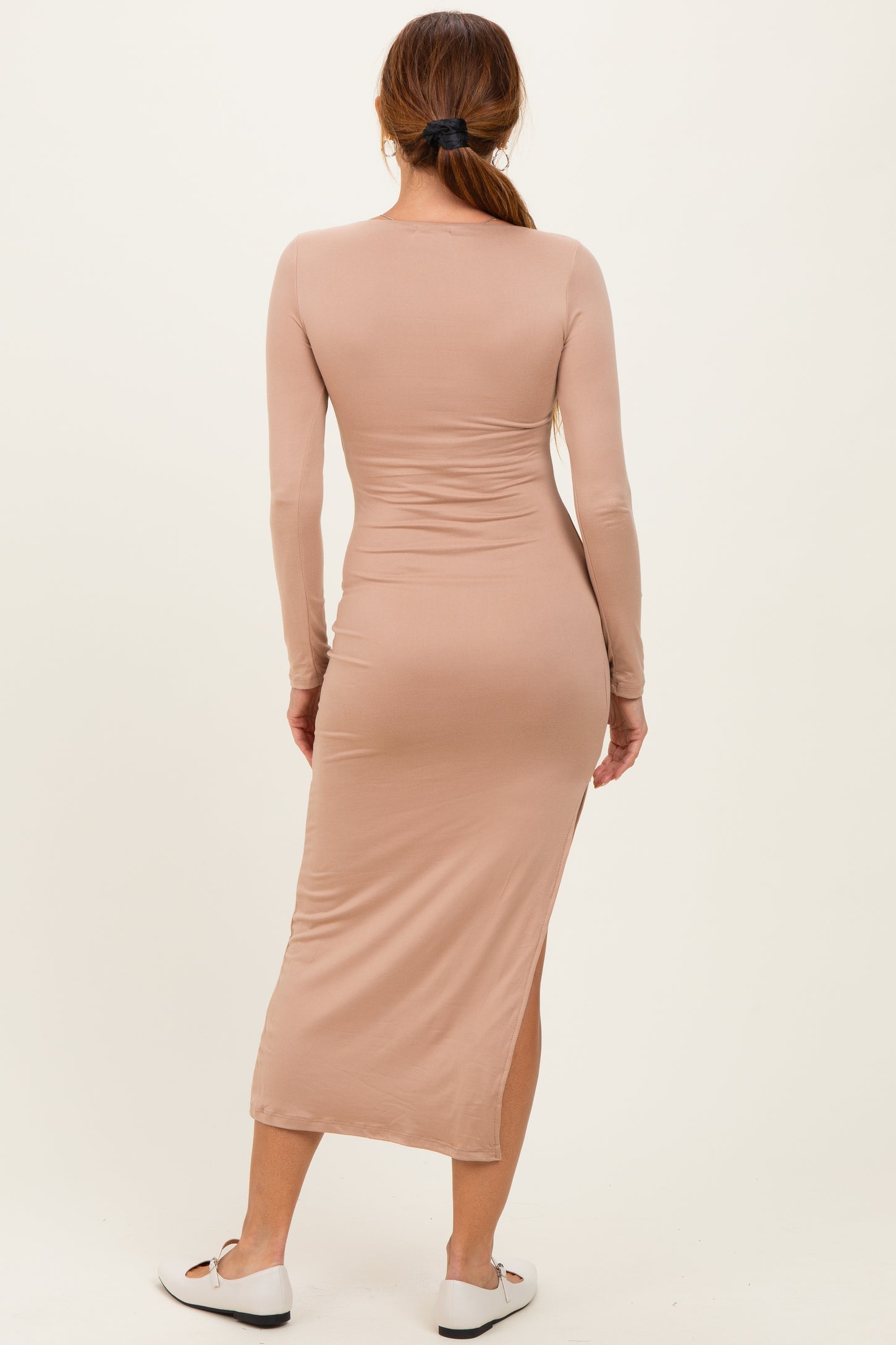 Beige Boat Neck Fitted Long Sleeve Side Slit Maxi  PinkBlush