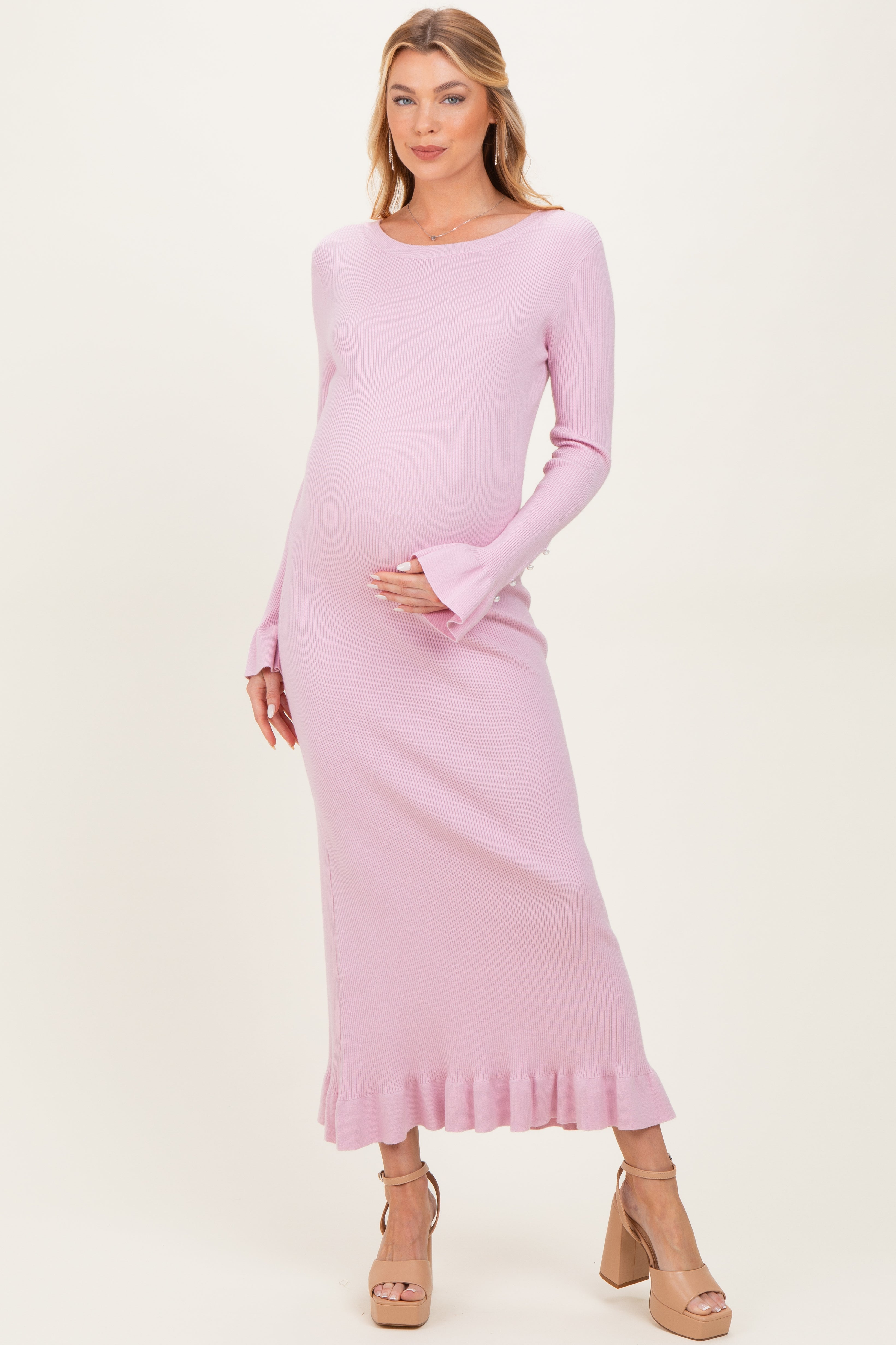 pink maxi maternity dress Currant | PINK Crew-Neck Maternity Maxi Dress With Cape