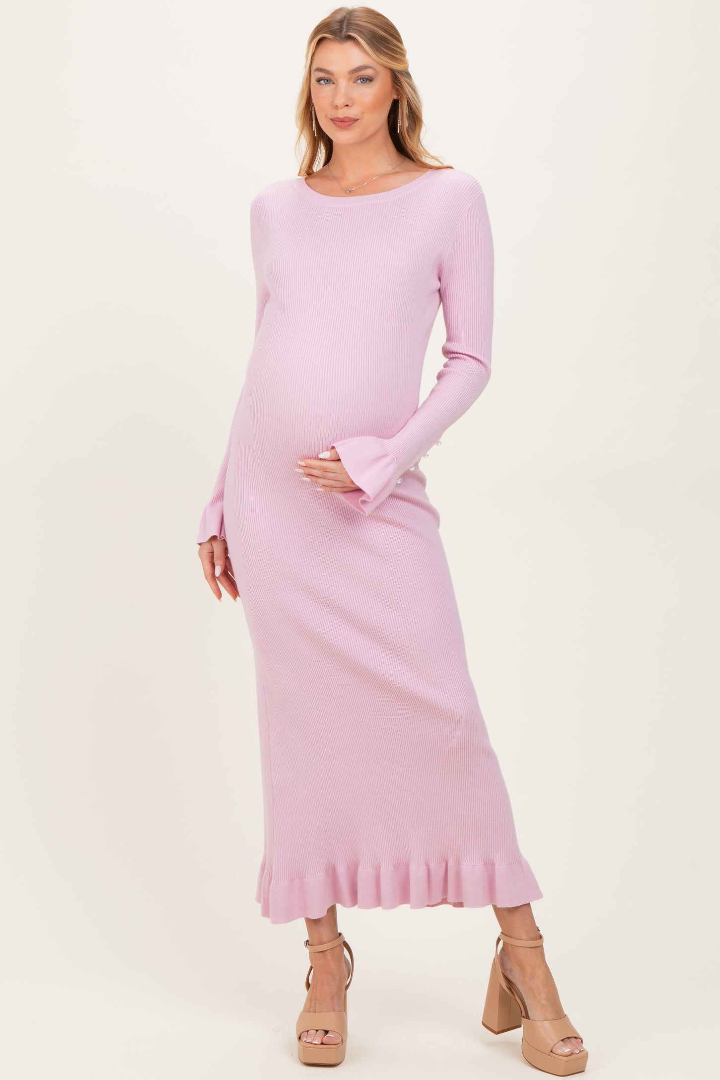 Light Pink Ribbed Knit Bow Back Maternity Maxi Dress Light Pink Ribbed Knit Bow Back Maternity Maxi Dress
