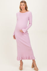 Light Pink Ribbed Knit Bow Back Maternity Maxi Dress