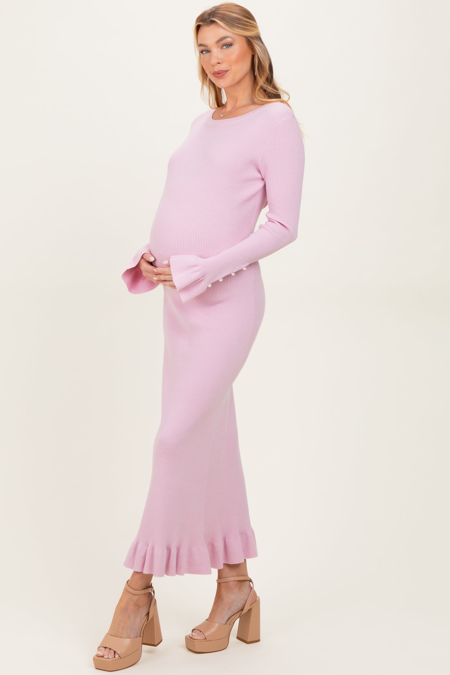 pink bow maternity dress Light Pink Ribbed Knit Bow Back Maternity Maxi Dress
