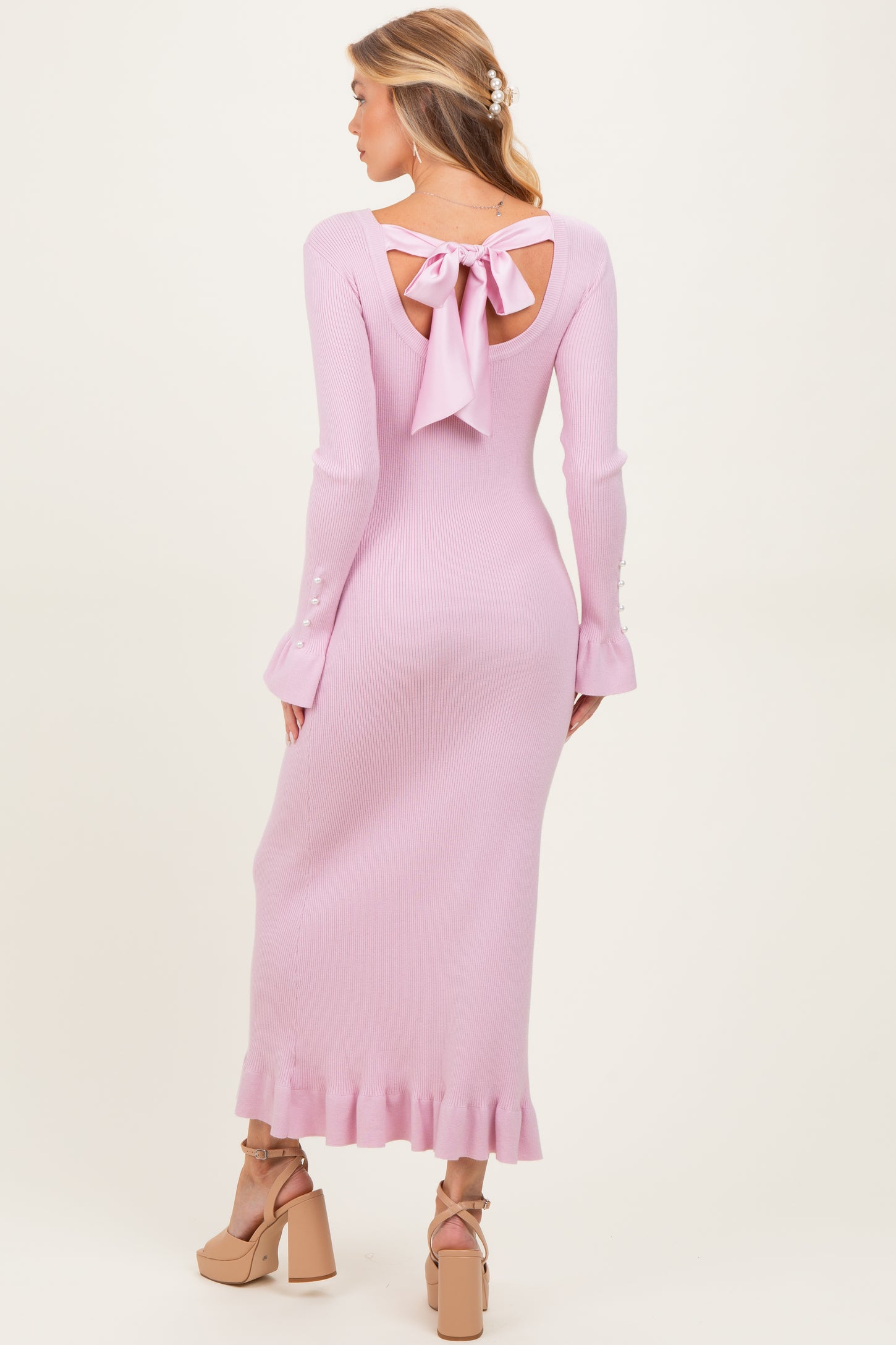 Light Pink Ribbed Knit Bow Back Maternity Maxi Dress Light Pink Ribbed Knit Bow Back Maternity Maxi Dress