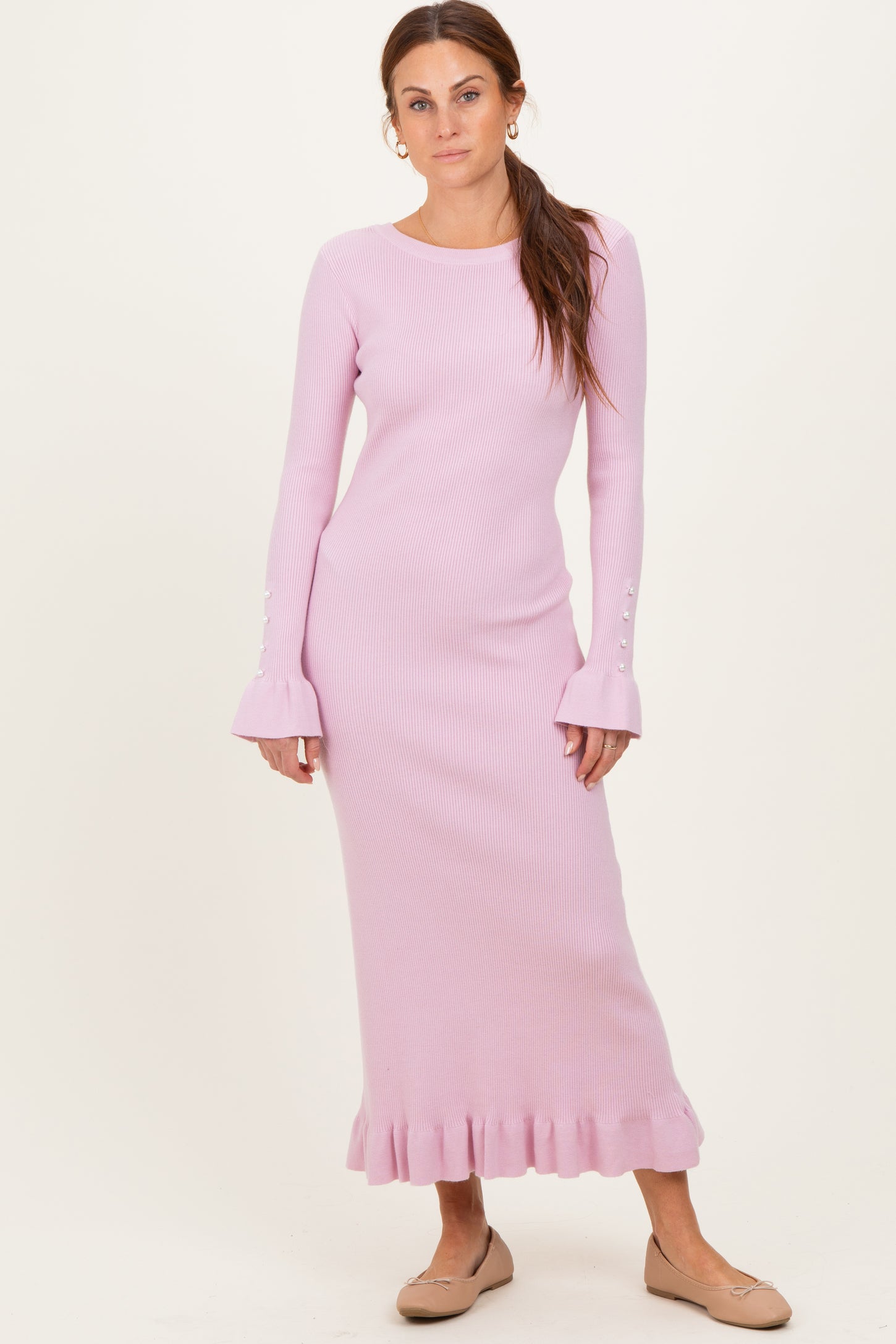 Light Pink Ribbed Knit Bow Back Maternity Maxi Dress