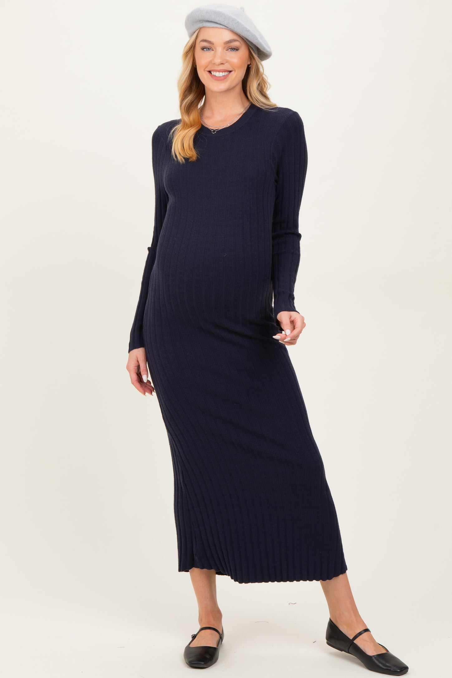 Navy Ribbed Knit Fitted Maternity Midi Sweater Dress