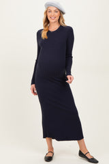 Navy Ribbed Knit Fitted Maternity Midi Sweater Dress
