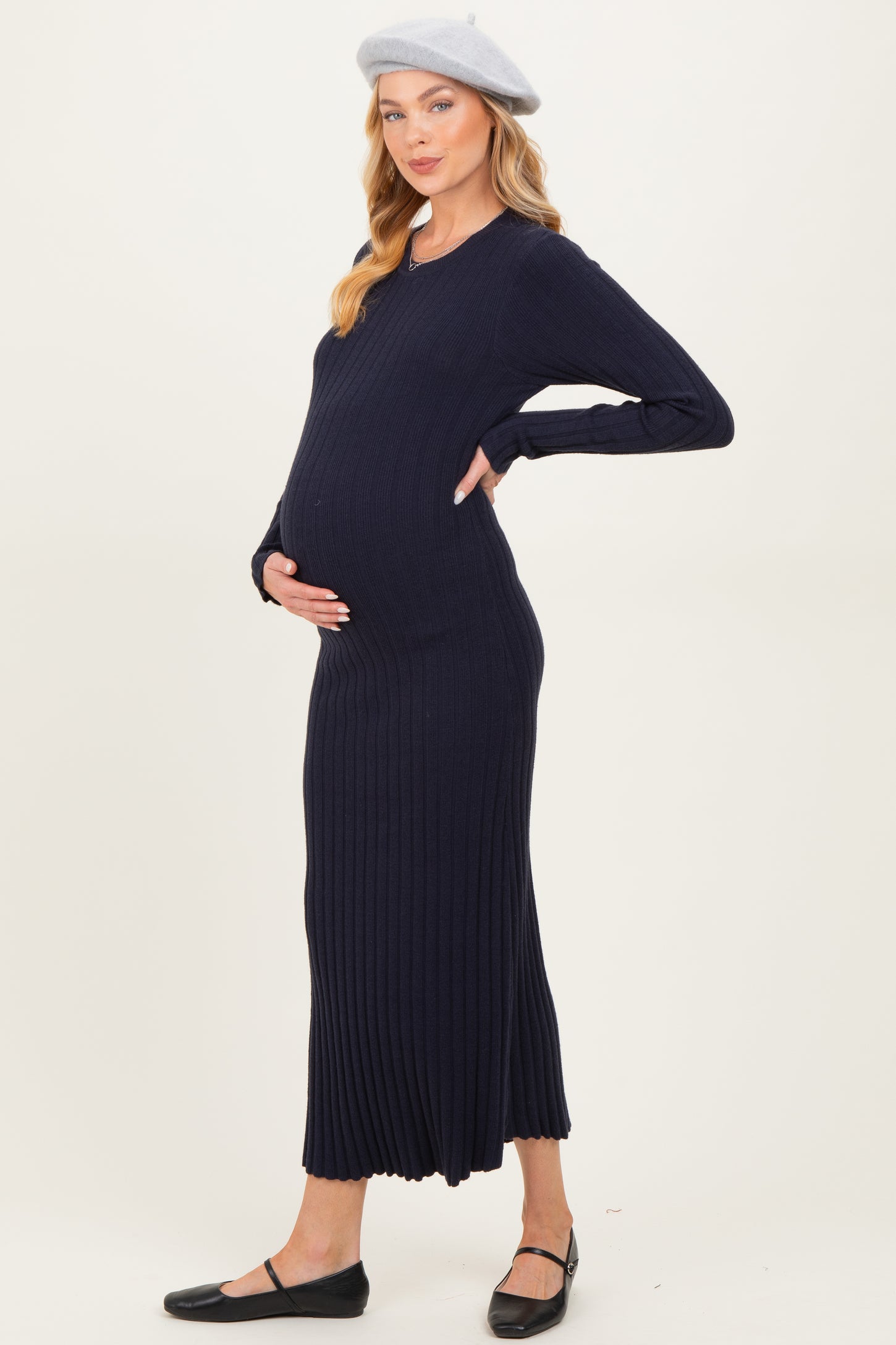 Navy Ribbed Knit Fitted Maternity Midi Sweater Dress