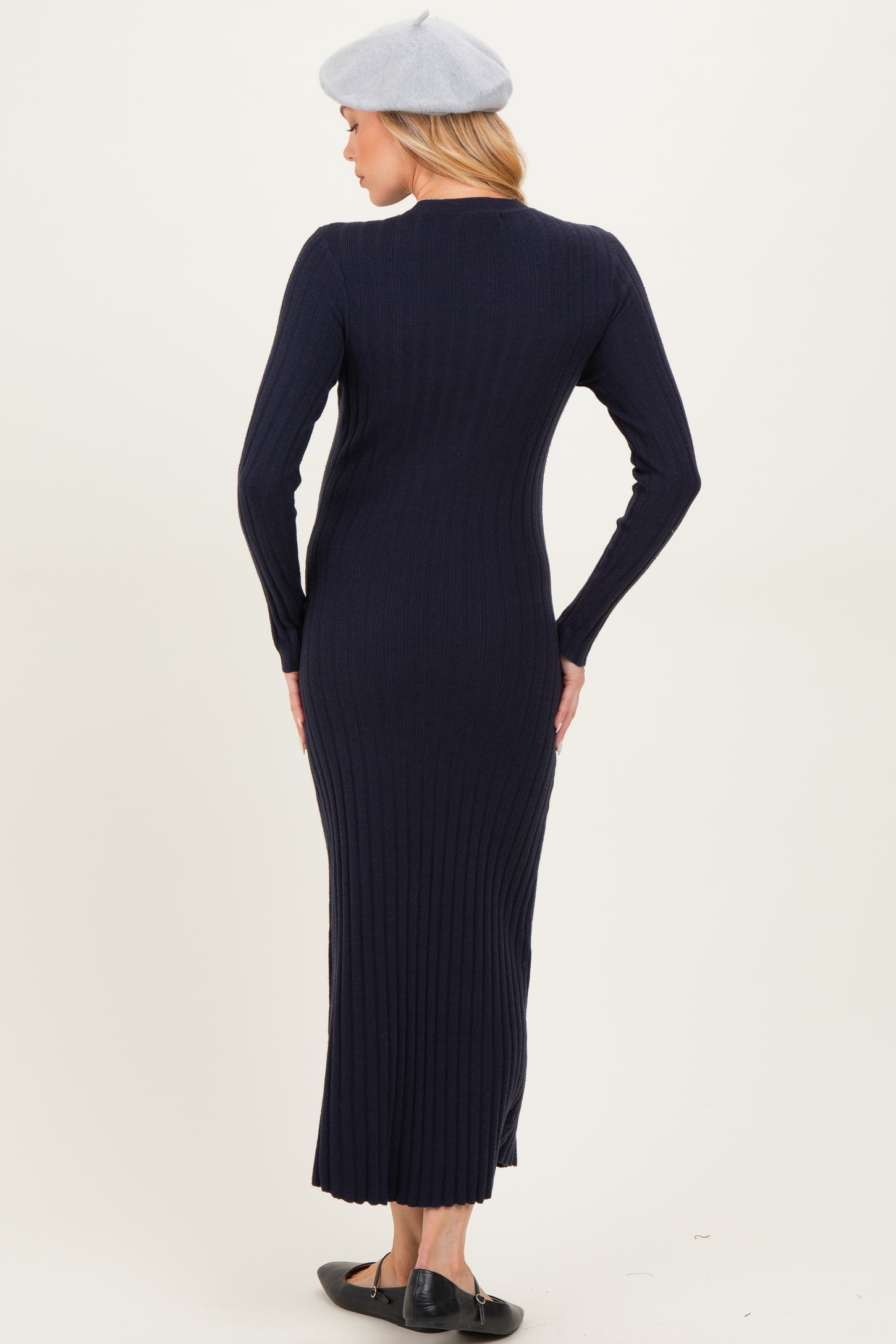 knee length dresses for ladies Navy Ribbed Knit Fitted Maternity Midi Sweater Dress