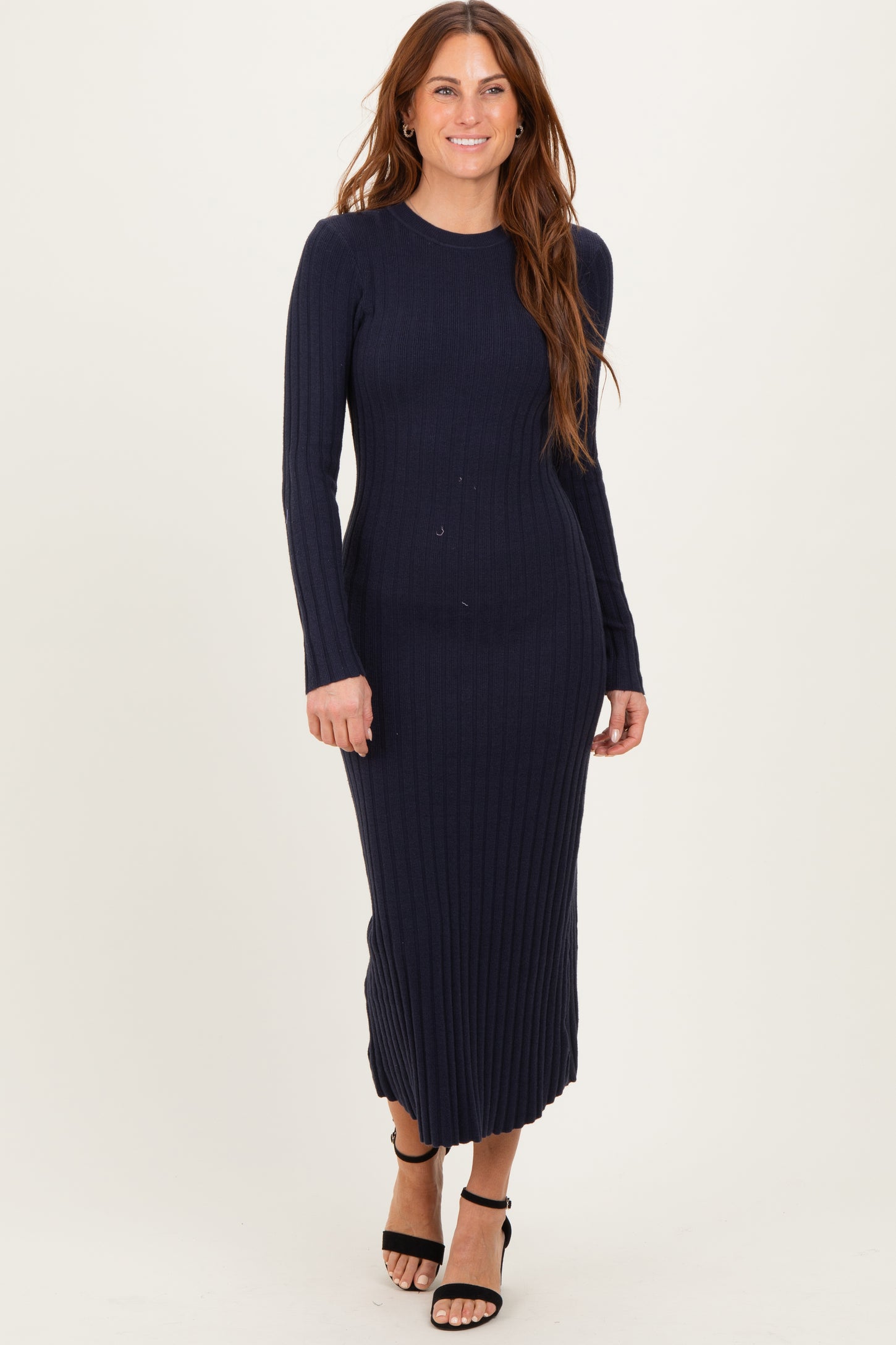 Navy Ribbed Knit Fitted Midi Sweater Dress