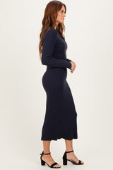 Navy Ribbed Knit Fitted Midi Sweater Dress