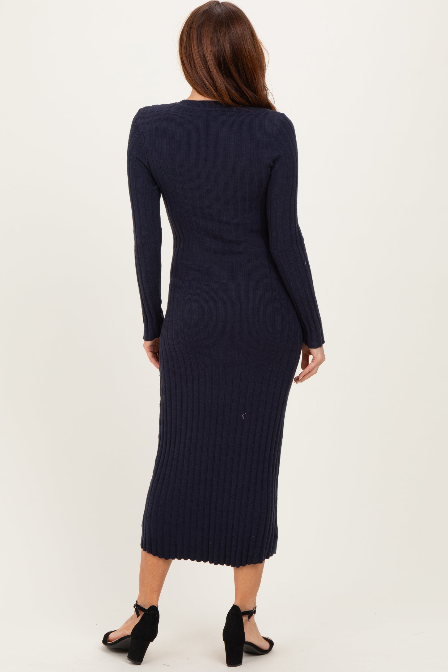 Navy Ribbed Knit Fitted Midi Sweater Dress