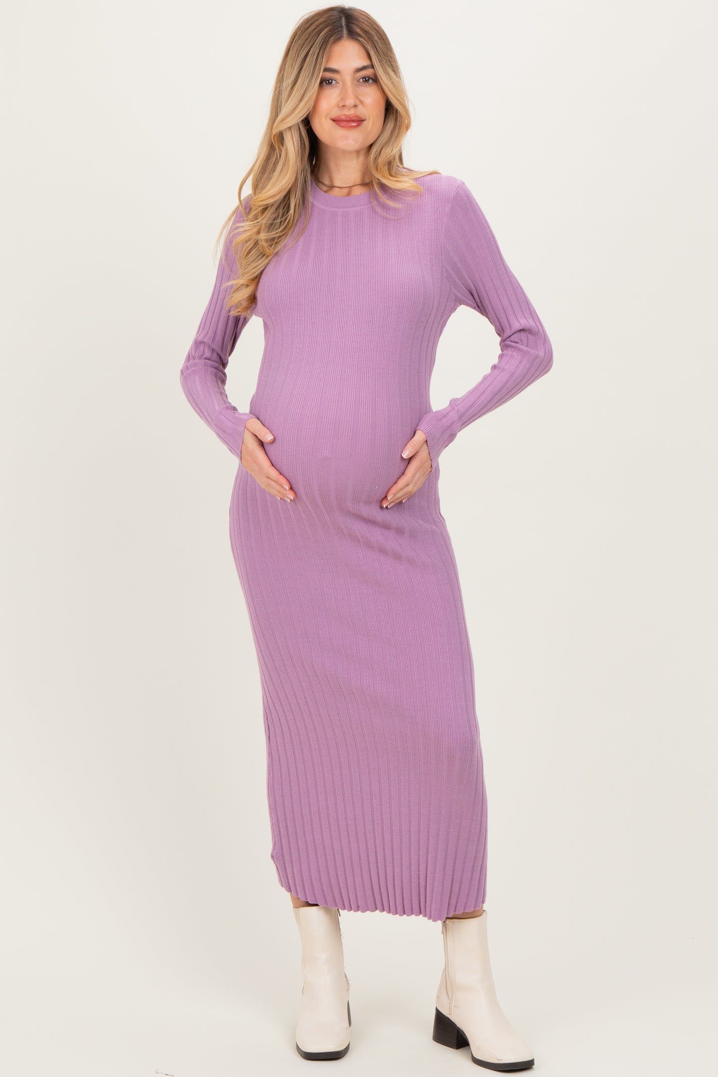 Purple Ribbed Knit Fitted Maternity Midi Sweater Dress – PinkBlush