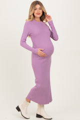 Purple Ribbed Knit Fitted Maternity Midi Sweater Dress