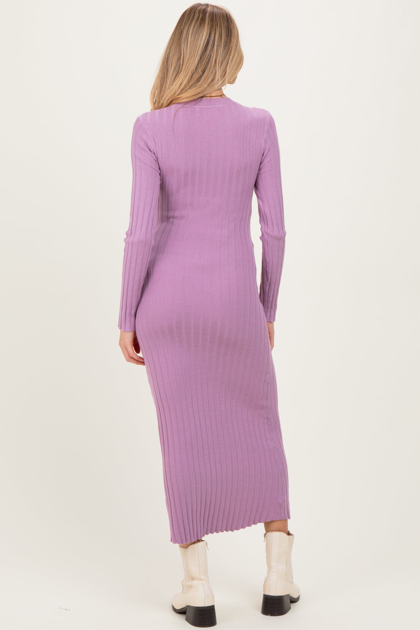 Purple Ribbed Knit Fitted Maternity Midi Sweater Dress