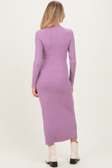 Purple Ribbed Knit Fitted Maternity Midi Sweater Dress