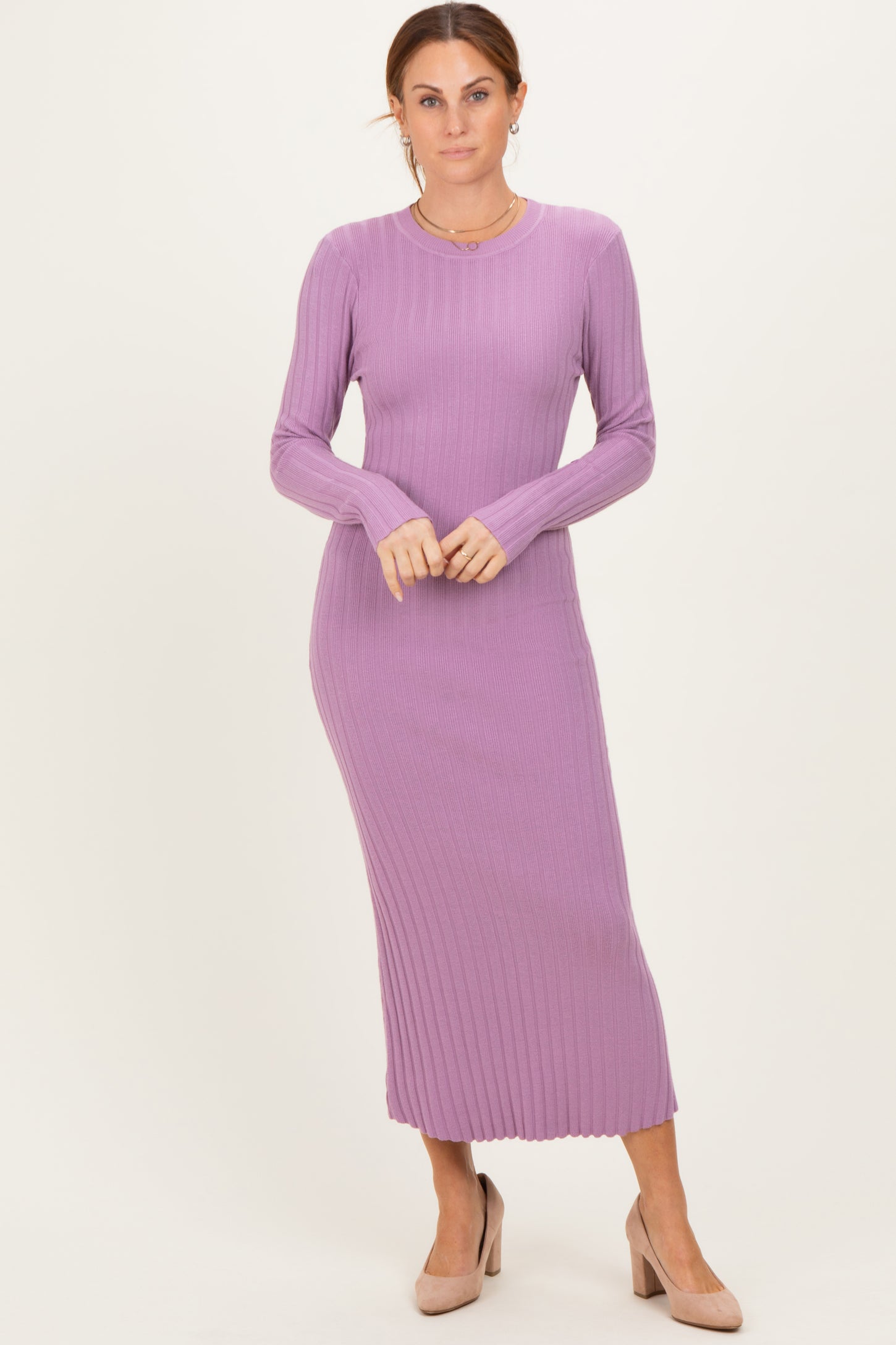 Purple Ribbed Knit Fitted Maternity Midi Sweater Dress – PinkBlush