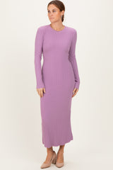 Purple Ribbed Knit Fitted Midi Sweater Dress