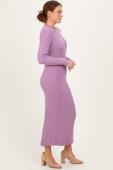 Purple Ribbed Knit Fitted Midi Sweater Dress