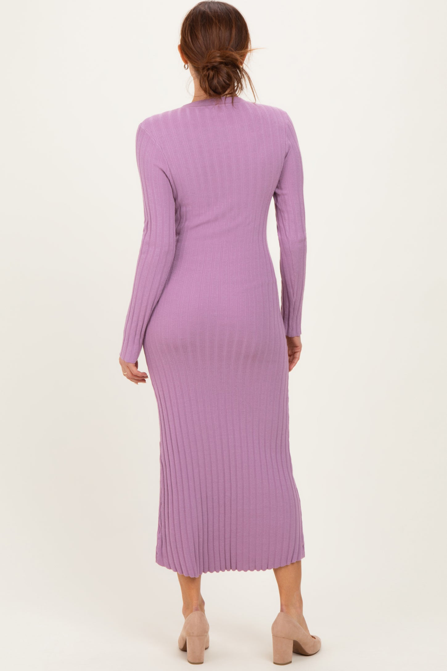 Purple Ribbed Knit Fitted Midi Sweater Dress
