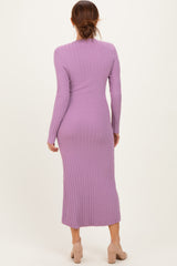 Purple Ribbed Knit Fitted Midi Sweater Dress