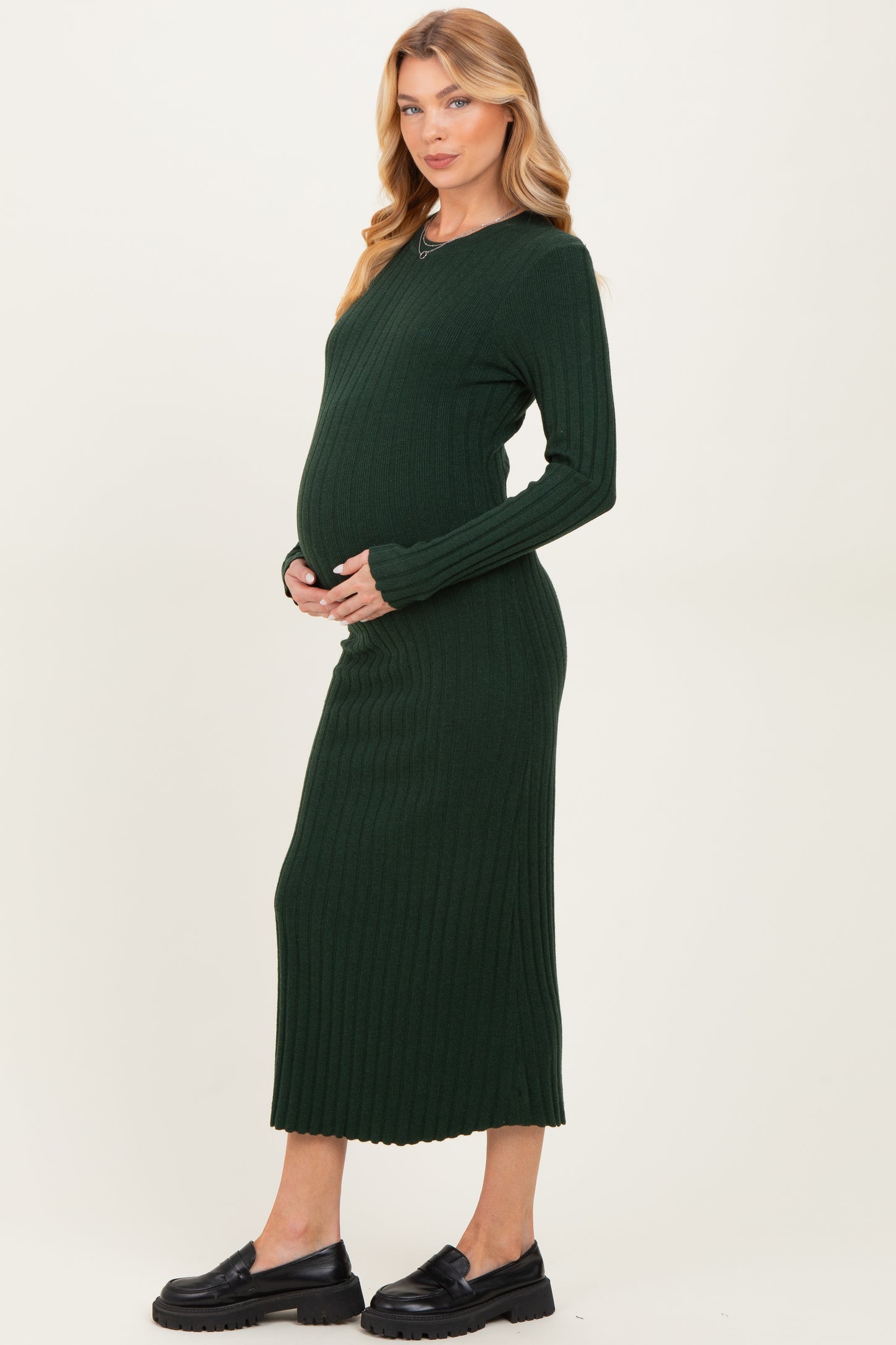 Forest Green Ribbed Knit Fitted Maternity Midi Sweater Dress