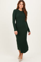 Forest Green Ribbed Knit Fitted Midi Sweater Dress
