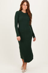 Forest Green Ribbed Knit Fitted Maternity Midi Sweater Dress