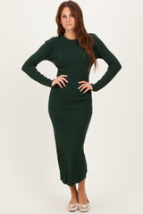 Forest Green Ribbed Knit Fitted Midi Sweater Dress