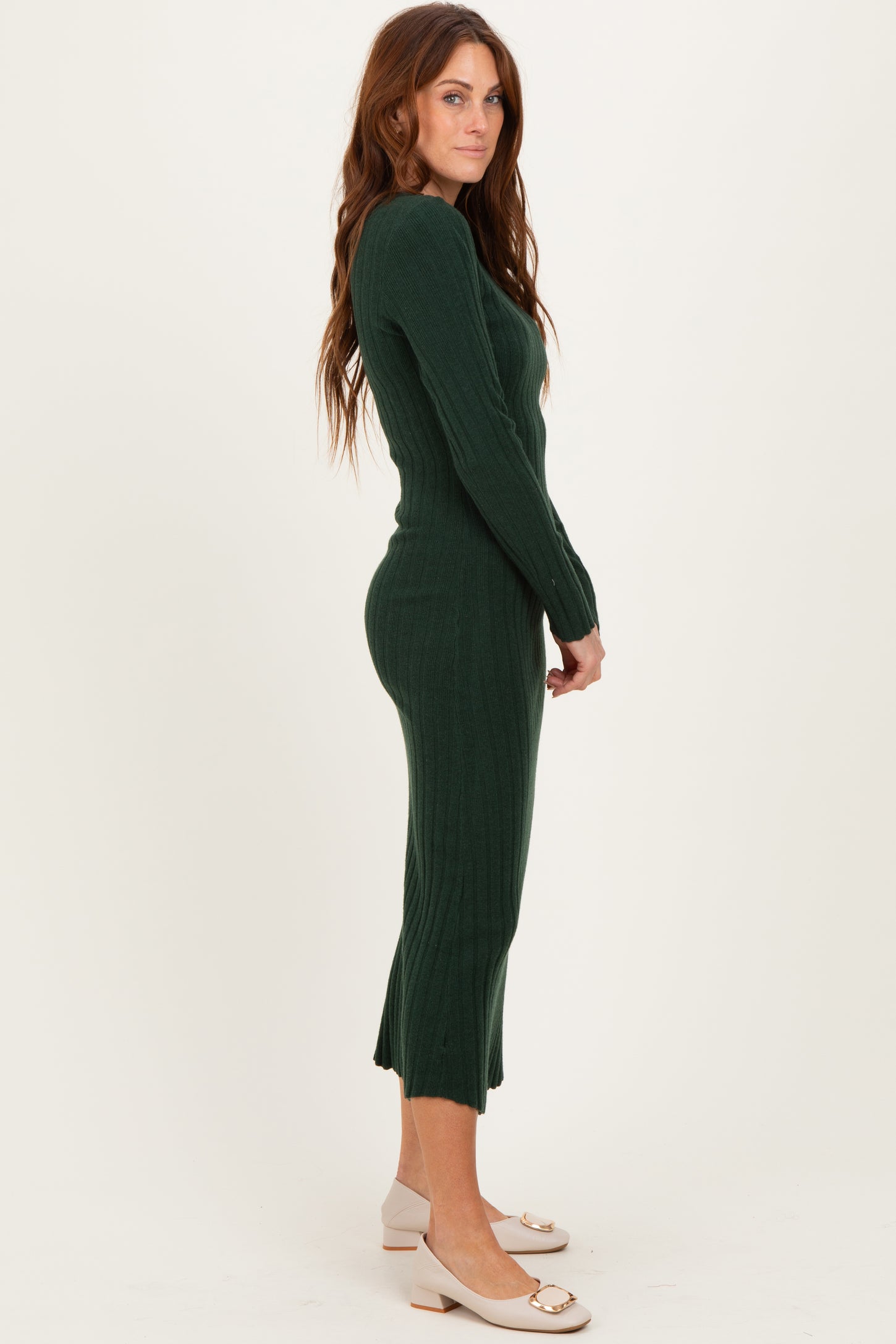 Forest Green Ribbed Knit Fitted Midi Sweater Dress