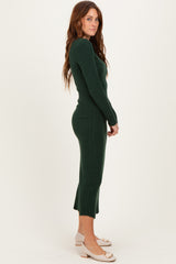 Forest Green Ribbed Knit Fitted Midi Sweater Dress