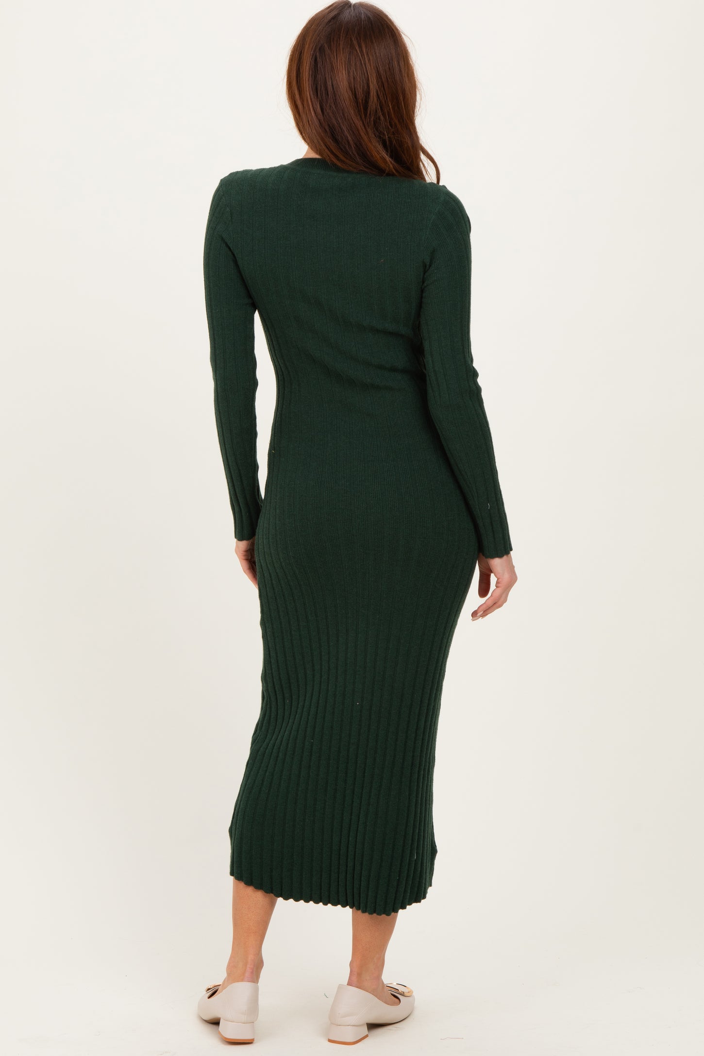 Forest Green Ribbed Knit Fitted Midi Sweater Dress