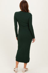 Forest Green Ribbed Knit Fitted Midi Sweater Dress