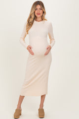 Cream Ribbed Knit Fitted Maternity Midi Sweater Dress