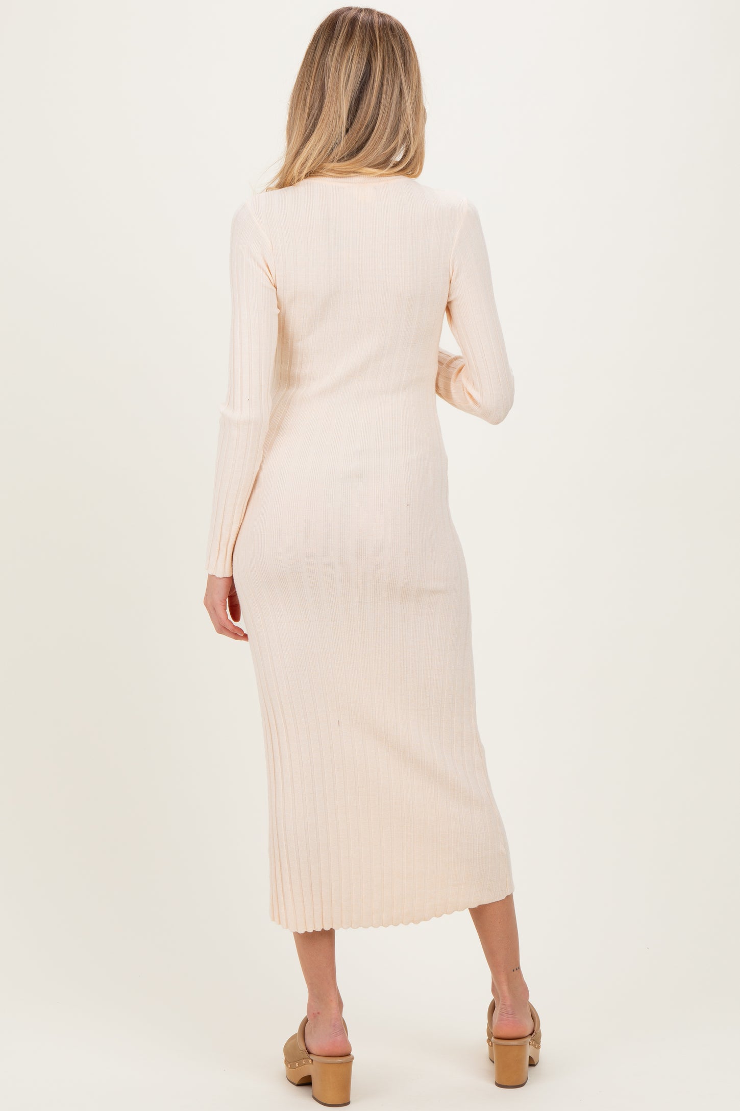 Cream Ribbed Knit Fitted Maternity Midi Sweater Dress