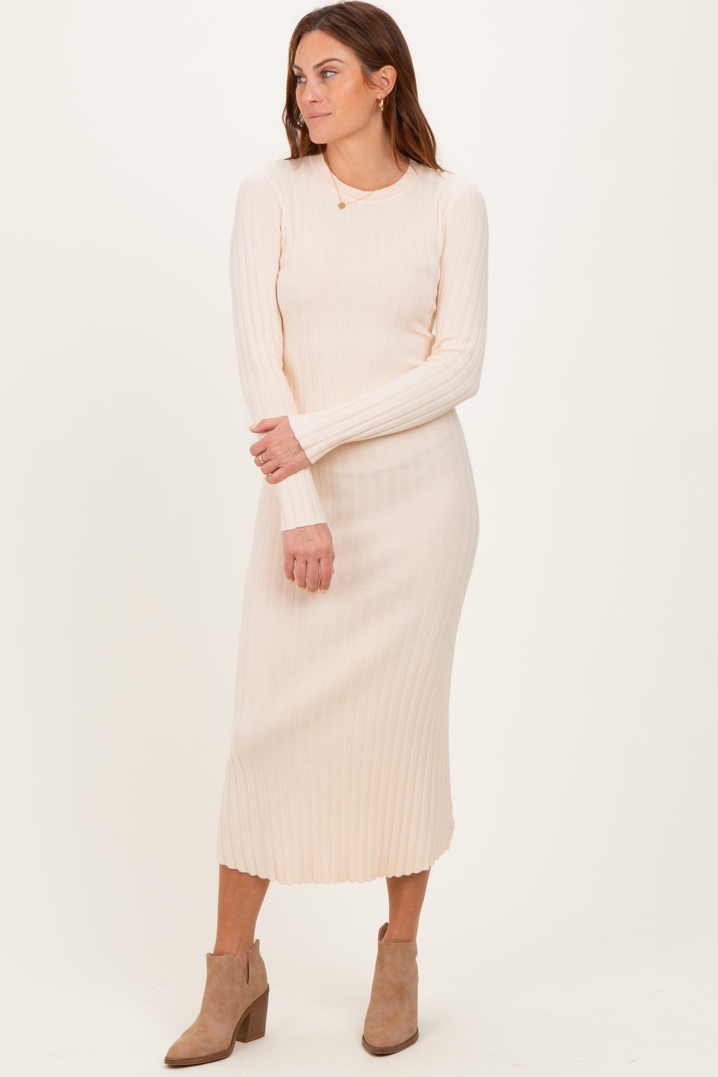 Cream Ribbed Knit Fitted Midi Sweater Dress