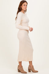 Cream Ribbed Knit Fitted Midi Sweater Dress
