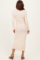 Cream Ribbed Knit Fitted Midi Sweater Dress