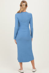 Blue Ribbed Knit Fitted Maternity Midi Sweater Dress