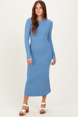Blue Ribbed Knit Fitted Midi Sweater Dress