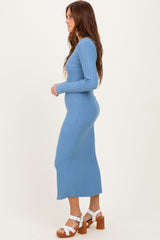 Blue Ribbed Knit Fitted Midi Sweater Dress