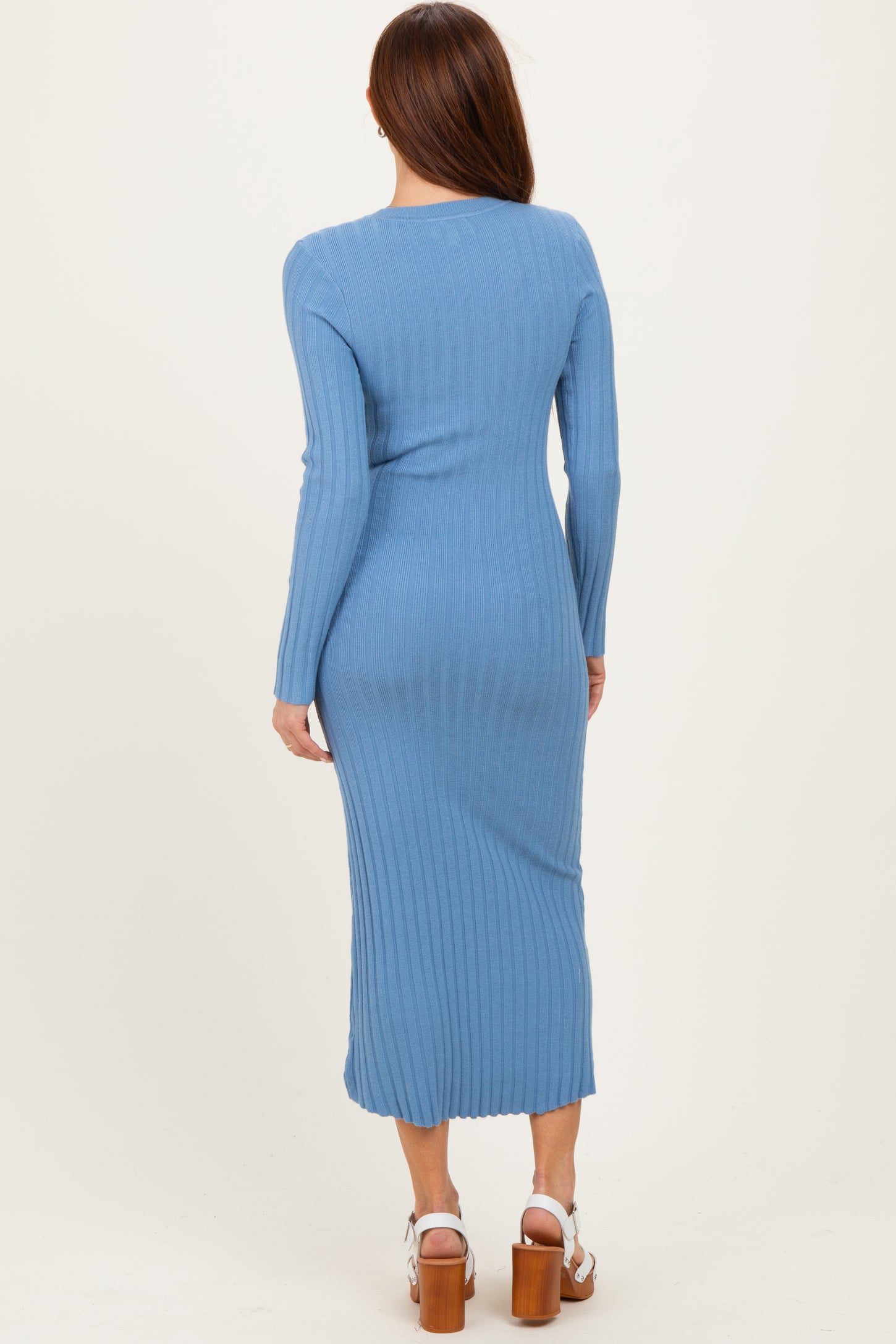 Blue Ribbed Knit Fitted Midi Sweater Dress