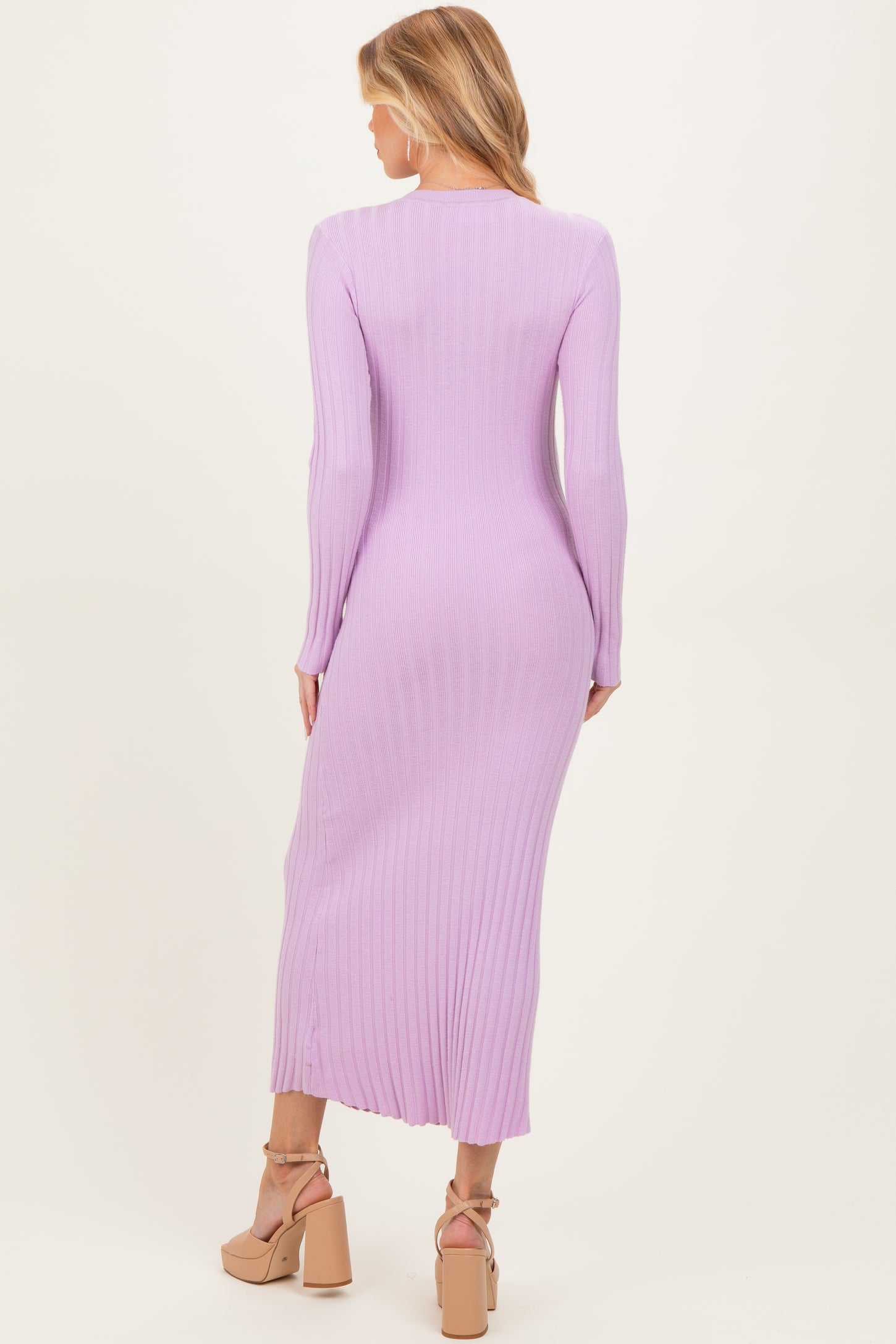 Lilac Ribbed Knit Fitted Maternity Midi Sweater Dress