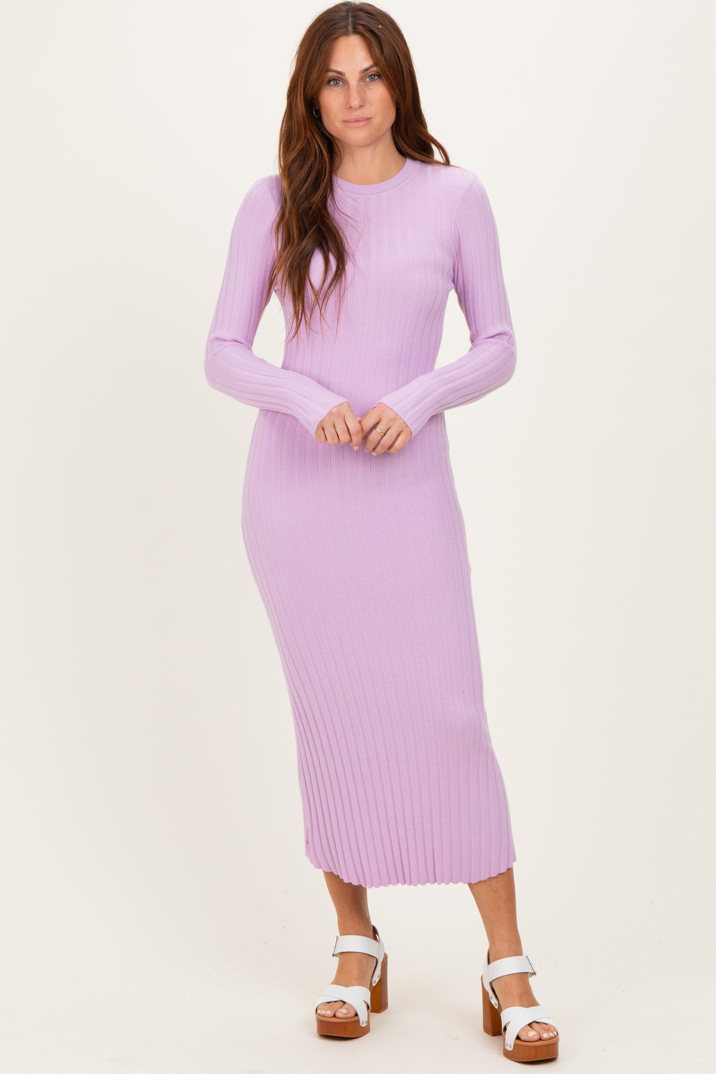 Lilac Ribbed Knit Fitted Midi Sweater Dress
