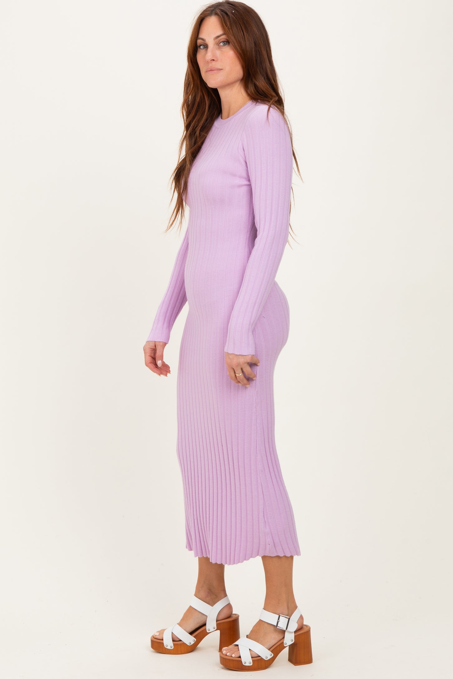 Lilac Ribbed Knit Fitted Midi Sweater Dress