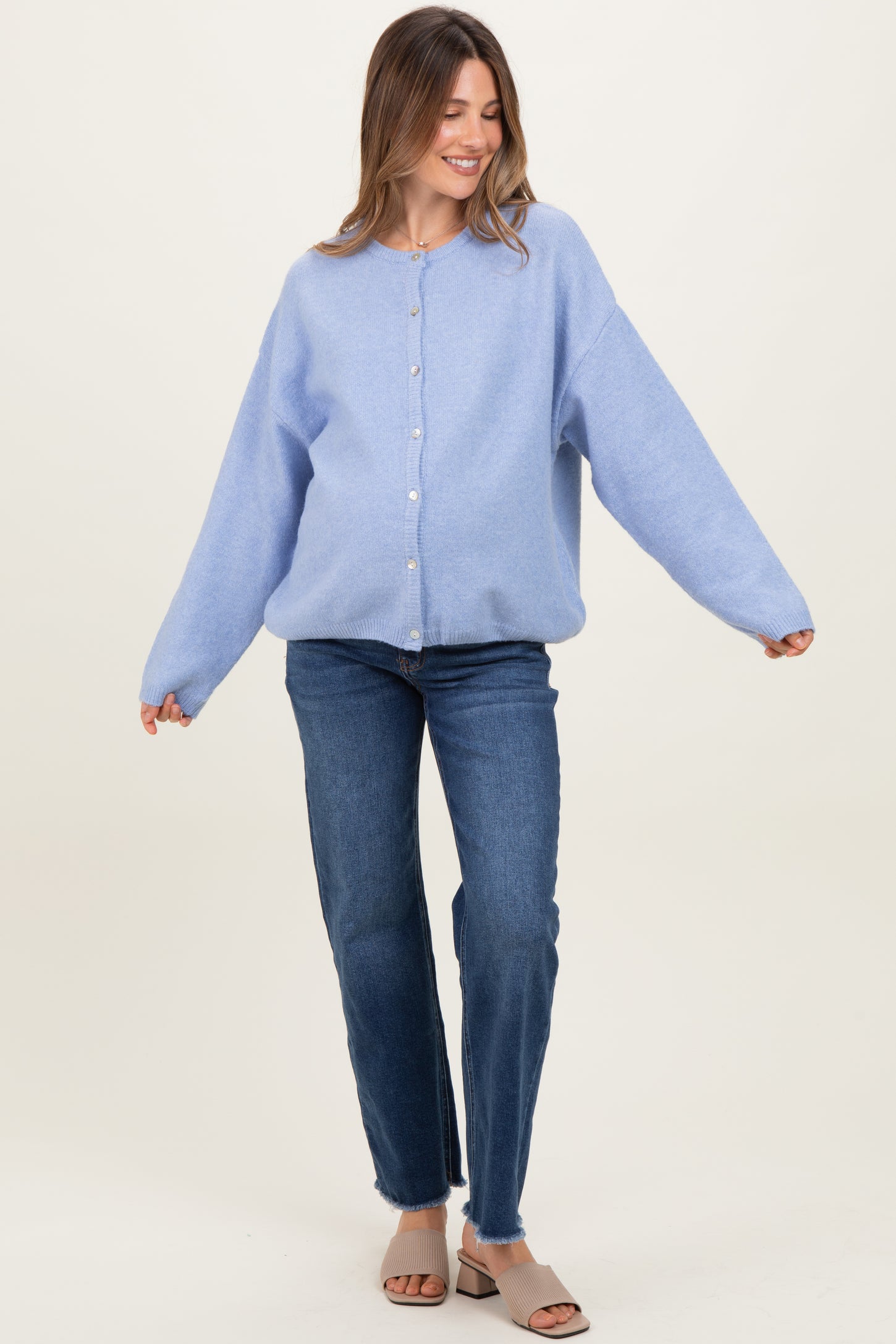 Light Blue Classic Crew Neck Maternity Button Cardigan