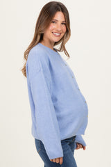 Light Blue Classic Crew Neck Maternity Button Cardigan