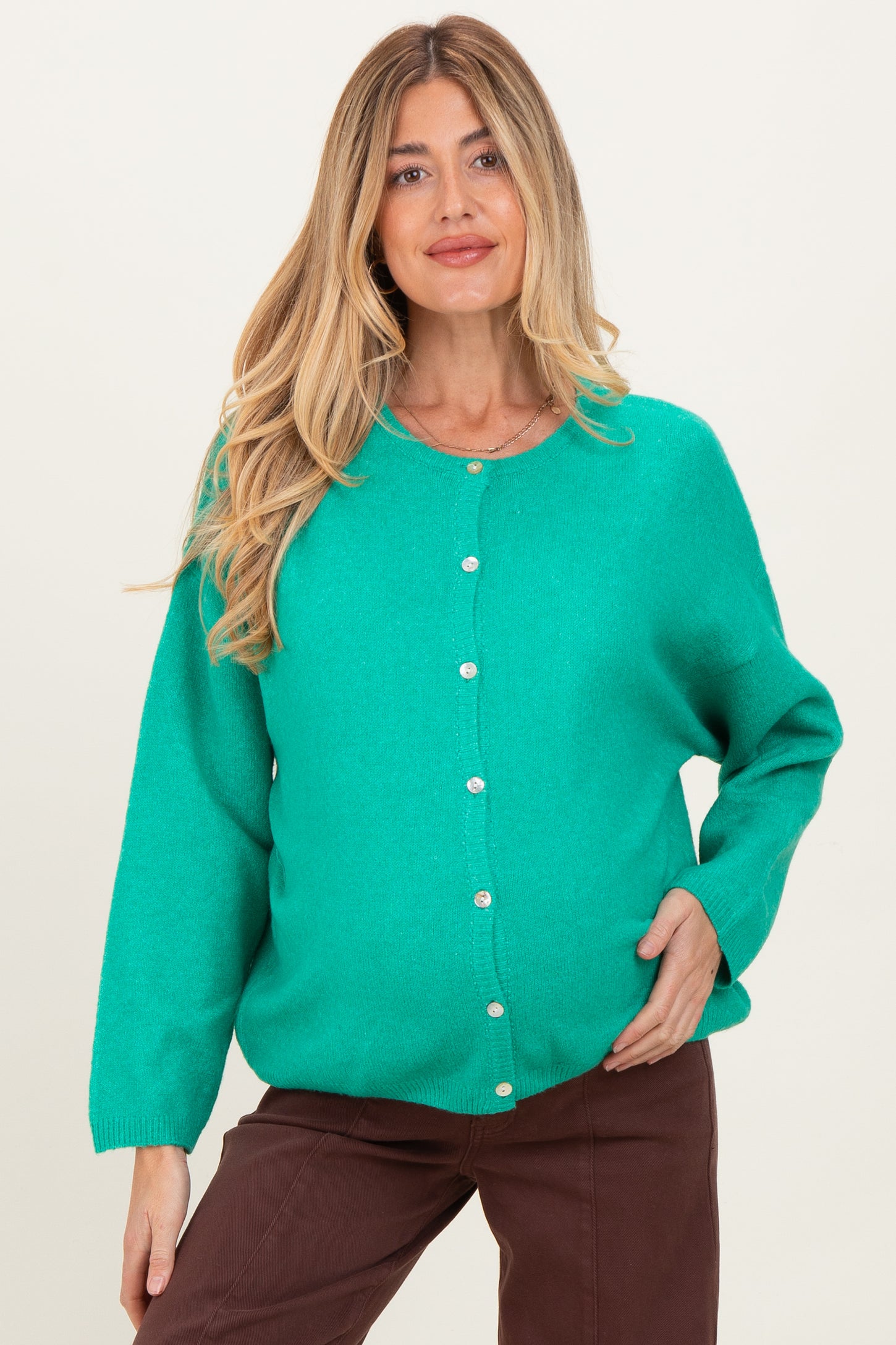Green Classic Crew Neck Maternity Button Cardigan