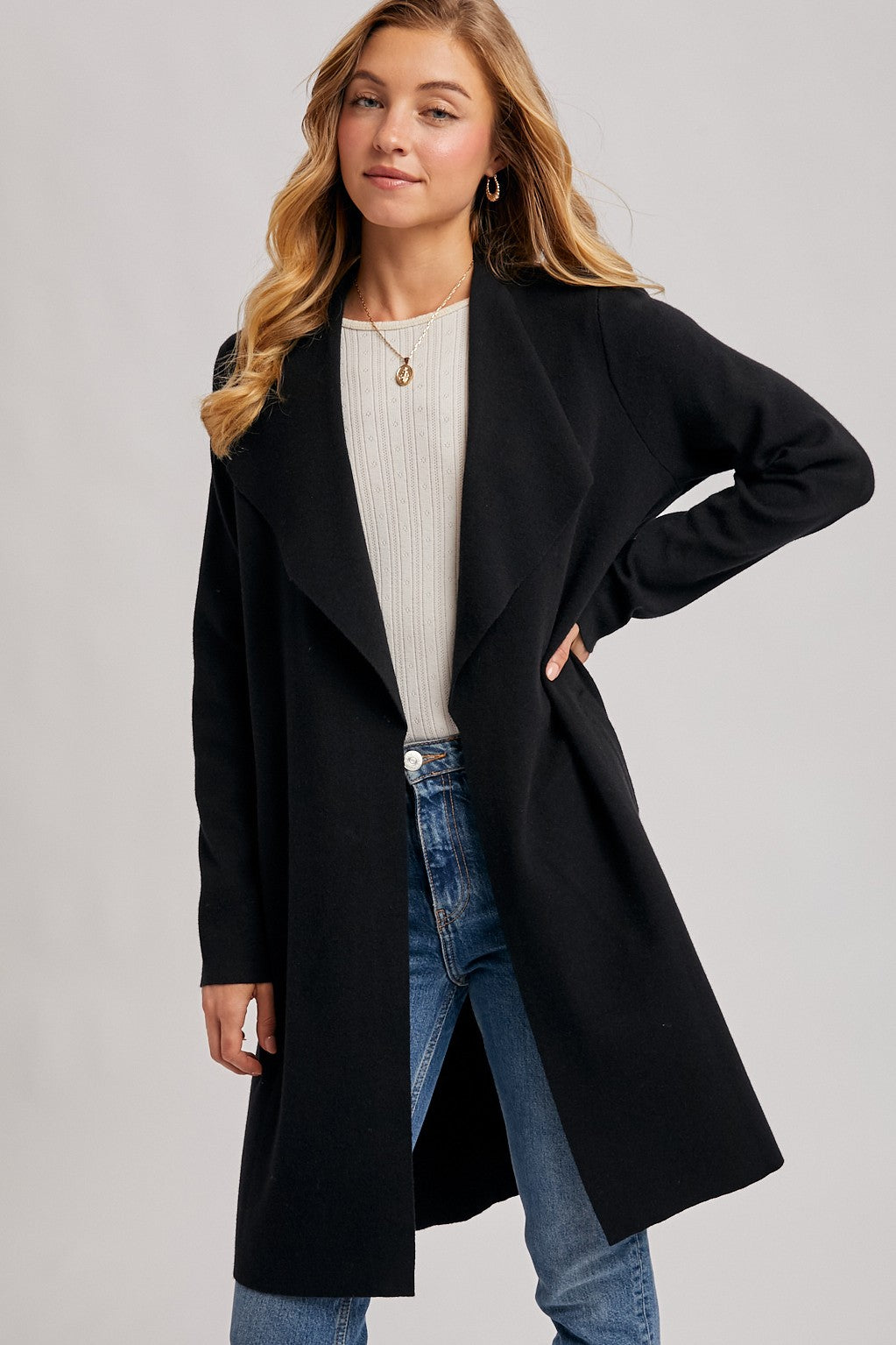 Black Knit Open Front Long Cardigan